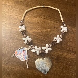 Handmade Mother of Pearl Handmade Shell Necklace with Iridescent Heart Pendant